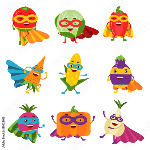 Superheroes vegetables in different costumes set of colorful vector Illustrations