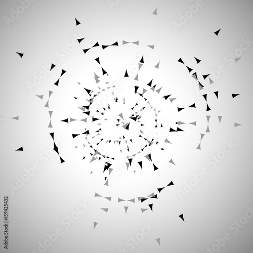 Abstract chaotic geometric pattern. Triangles gray and white abstraction on white background circling chaotically in a circle