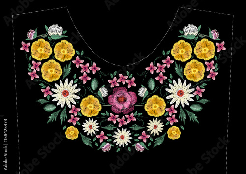 Bright satin stitch embroidery design with flowers. Folk line floral trendy pattern for dress neckline. Ethnic colorful fashion ornament for neck on black background.