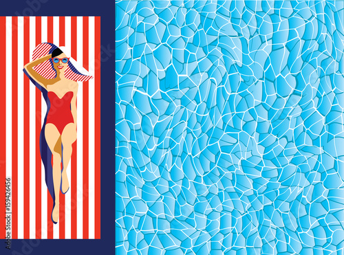     Beautiful young woman tanning in the pool, with sunglasses, hat, retro style. Pop art. Summer holiday. Vector eps10 illustration 