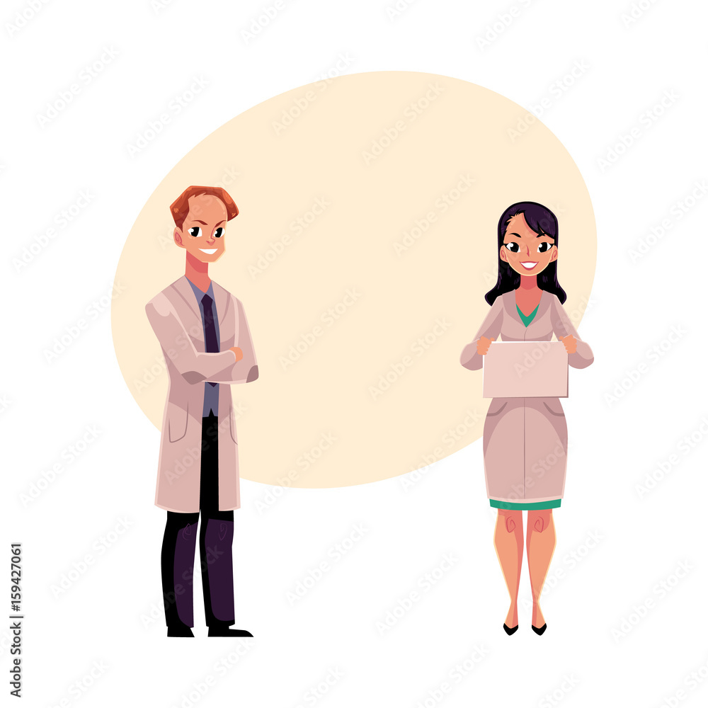 Male and female doctors in white medical coats, man with folded arms, woman holding blank sign, board, cartoon vector illustration with space for text. Full length portrait of two doctors Male and female doctors in white medical coats, man with folded arms, woman holding blank sign, board, cartoon vector illustration with space for text. Full length portrait of two doctors