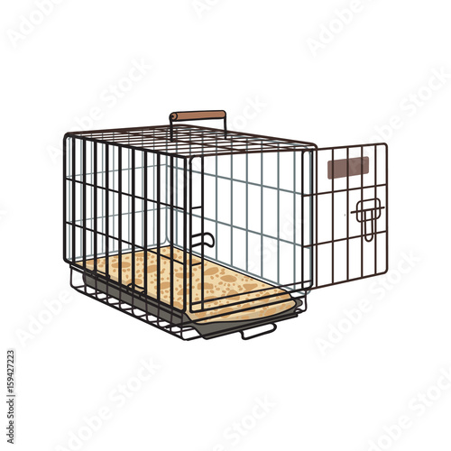 Metal wire cage, crate for pet, cat, dog transportation, sketch style vector illustration isolated on white background. Hand drawn metal wire dog crate, cage on white background