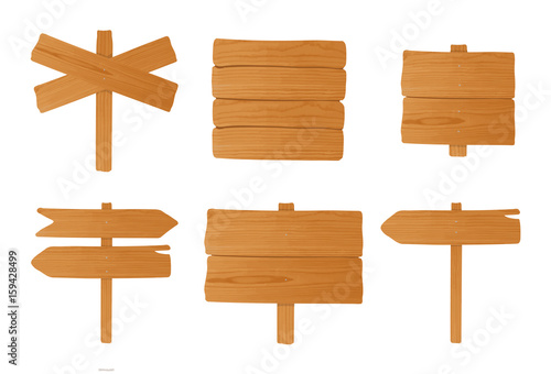 Set of different wooden signboards, pointers. Colorful empty signposts collection. Vector illustration in cartoon style.
