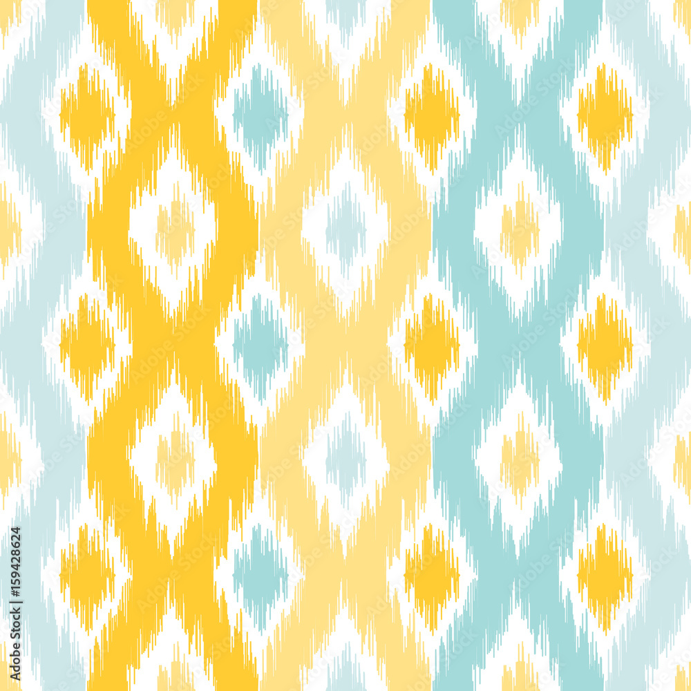 Seamless geometric pattern, based on ikat fabric style. Vector illustration. Carpet rug texture vector imitation. Yellow and turquoise mint ogee pattern.