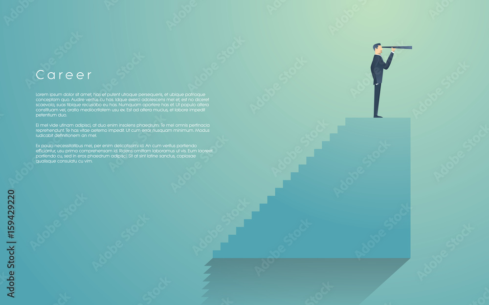 Obraz premium Businessman with monocular on top of stairs as a symbol of business vision, leadership. Businessman on top of his career, corporate ladder.