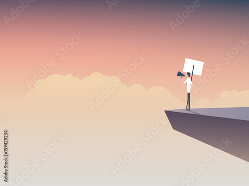 Protester speaking through megaphone or bullhorn and holding a placard, banner vector icon. Corporate background. Symbol of activism, demonstration.