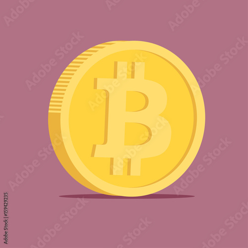 Golden coin with Bitcoin symbol on the pale rose background.