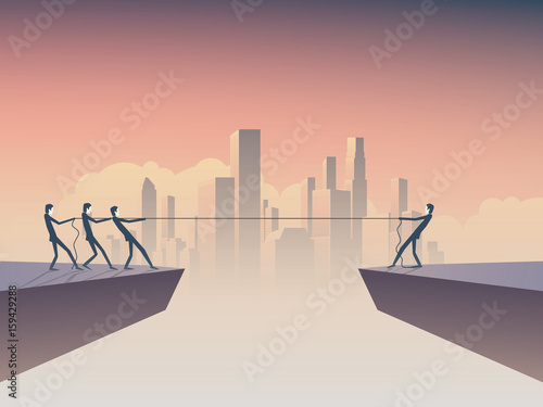 Business tug of war concept vector illustration with one businessman against many with corporate background skyline, cityscape. Symbol of leadership, individual strength, power and superiority.