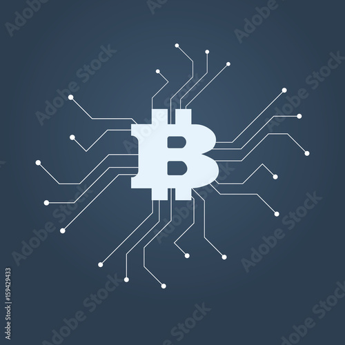 Bitcoin symbol vector icon illustration. Digital currency concept with data mining symbols.
