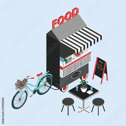 Concept of street food. Bicycle kiosk, foodtruck, portable cafe on wheels. Isometric illustration with fastfood point of sale, table and chairs. Top view. Colorful vector.