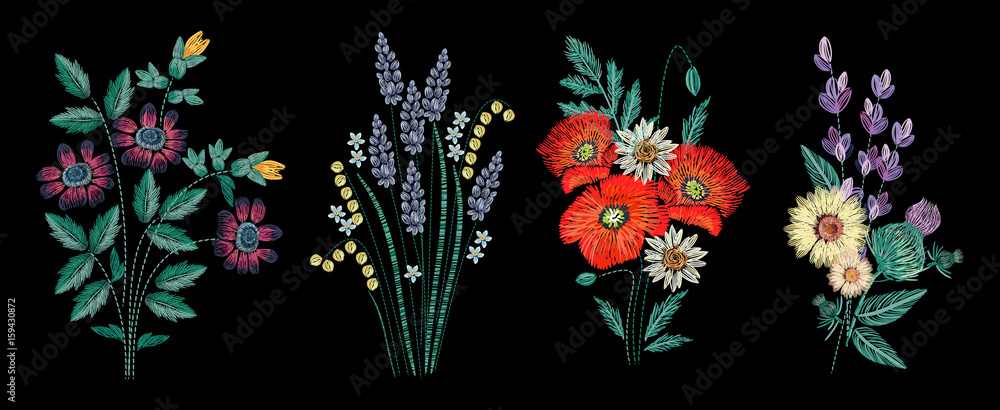 Set of embroidery bouquet on black background. Different flower compositions, wildflowers. Folk line trendy pattern for clothes, dress, decor. Colorful satin stitch floral design. Set of embroidery bouquet on black background. Different flower compositions, wildflowers. Folk line trendy pattern for clothes, dress, decor. Colorful satin stitch floral design.