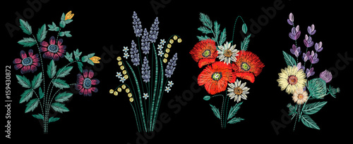 Set of embroidery bouquet on black background. Different flower compositions, wildflowers. Folk line trendy pattern for clothes, dress, decor. Colorful satin stitch floral design.