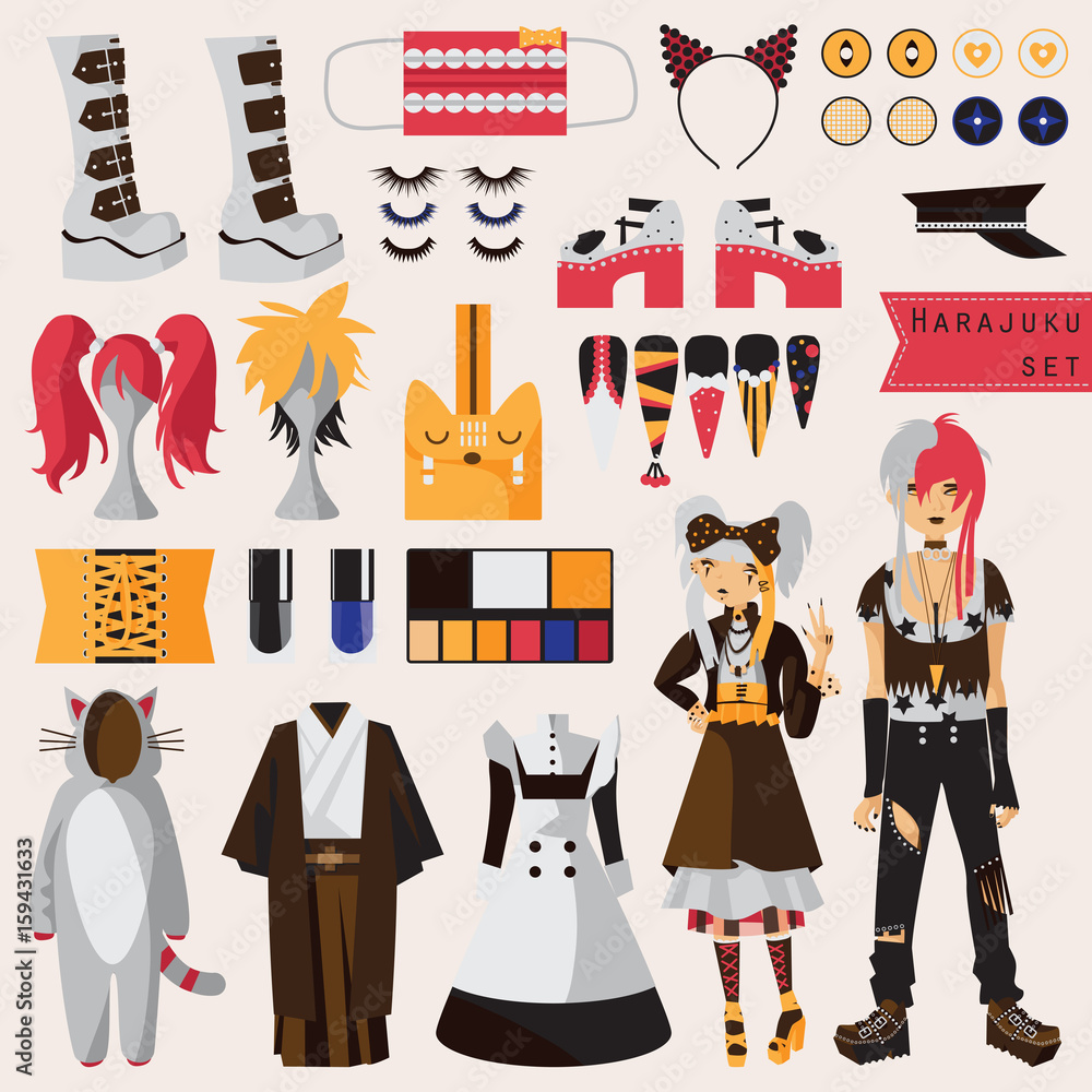 Bright set with subculture of japanese harajuku street fashion, couple in visual  kei style with accessories for cosplay and creative fashion, Kimono, maid  dress, nails, wigs, shoes on high platform vector de