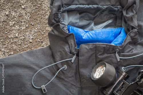 Close - up Outdoor mountain jacket and gear