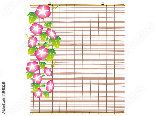 すだれと朝顔（左、ピンク）