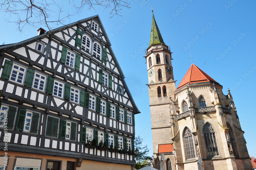 Obraz premium The town's old church in Schorndorf and half-timbered house. Baden-Wurttemberg, Germany.