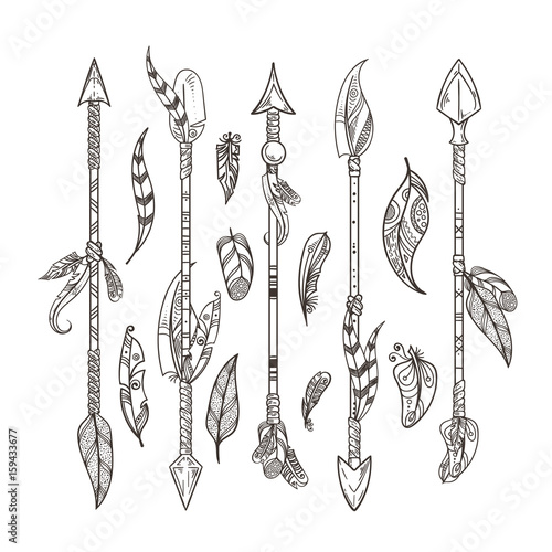 Decorative arrows and feathers set in boho style. Native indian vector ornament