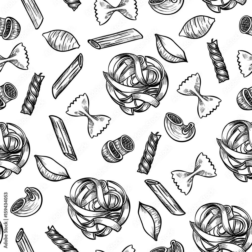  Italian pasta hand drawn sketch. Different kinds of pasta.  Vector seamless pattern.  Vintage style