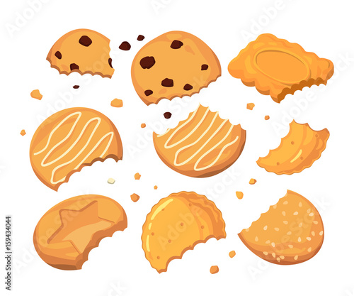 Traces from stings on the cookies and different small crumbs. Cartoon vector illustration set