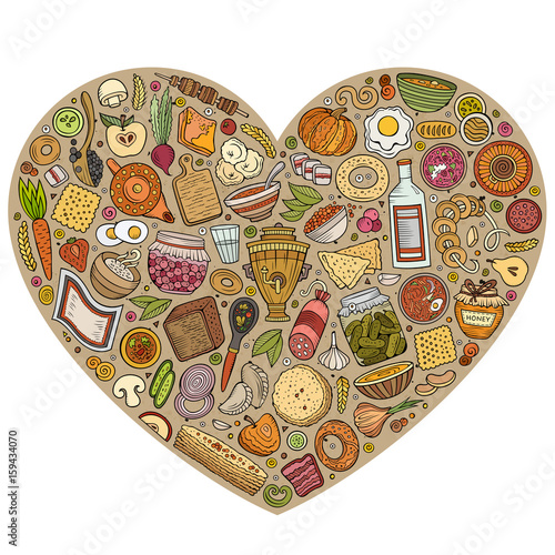 Vector set of Russian food cartoon doodle objects