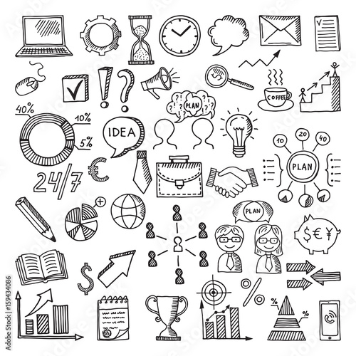 Hand drawn business icon set. Vector doodles illustrations isolate on white background