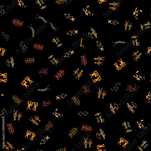 Seamless vector rock drawing. Cave painting with ethnic people.