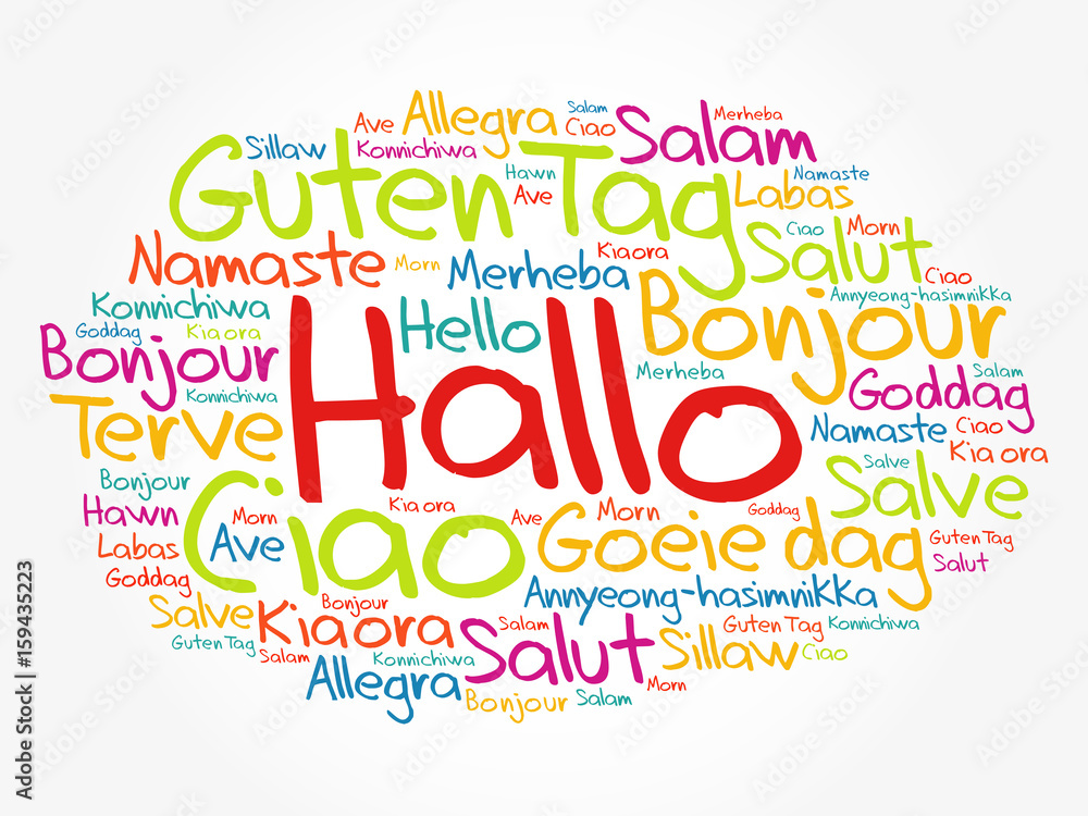 Hallo (Hello Greeting in German) word cloud in different languages of the world, background concept