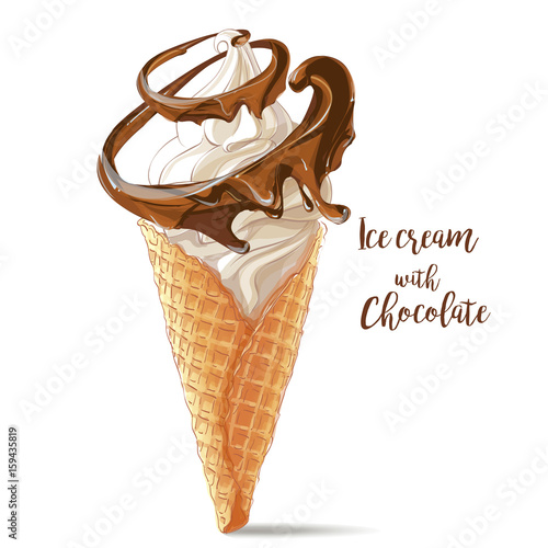 Vector ice cream in waffle cone with chocolate spiral