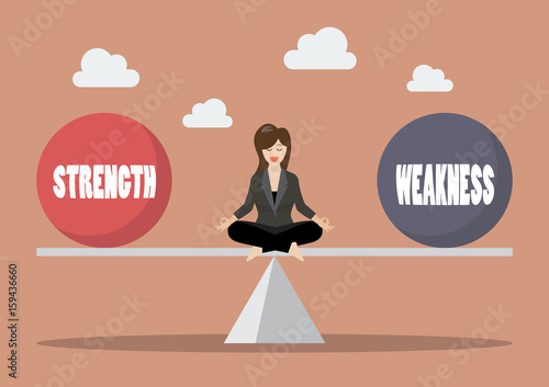 Business woman balancing between strength and weakness