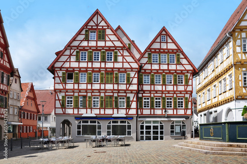 Old half-timbered houses on the square in Leonberg, Baden-Wurttemberg, Germany.