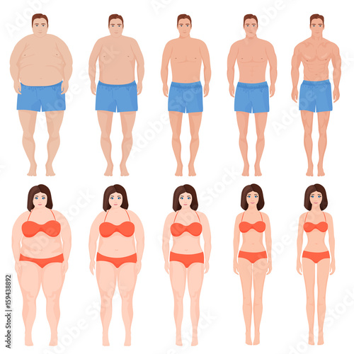 Cartoon man and woman slimming stage. Before and after diet people cartoon vector illustration.