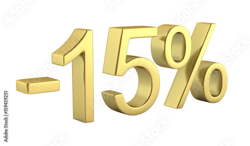 Gold text 15 percent off on white background without shadow 3D render