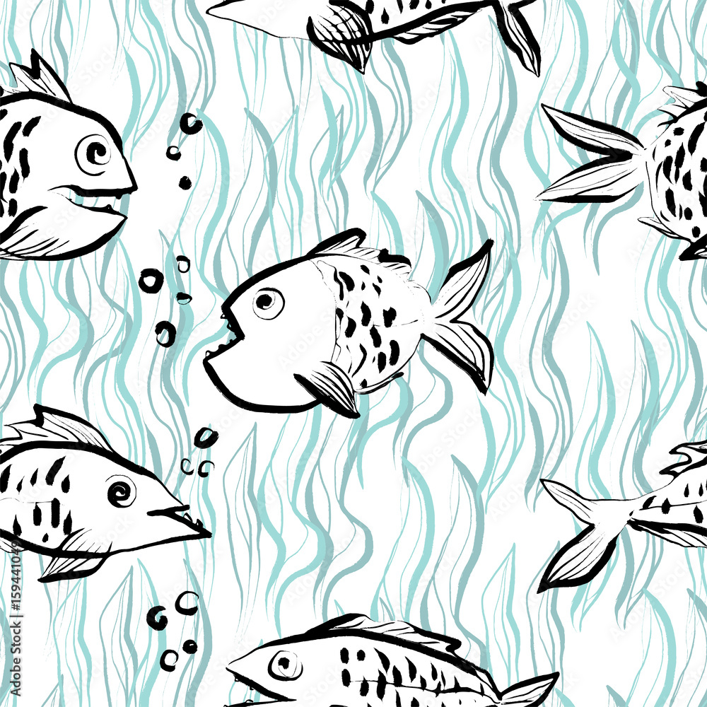 Ink hand drawn seamless pattern with funny fishes on abstract river background Ink hand drawn seamless pattern with funny fishes on abstract river background