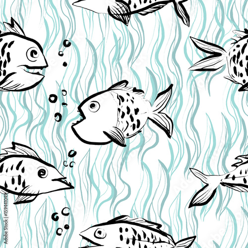 Ink hand drawn seamless pattern with funny fishes on abstract river background