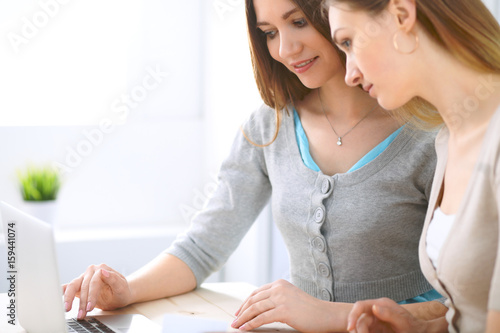 Two friends or sisters making online shopping by credit card. Friendship  family business or internet surfing concept