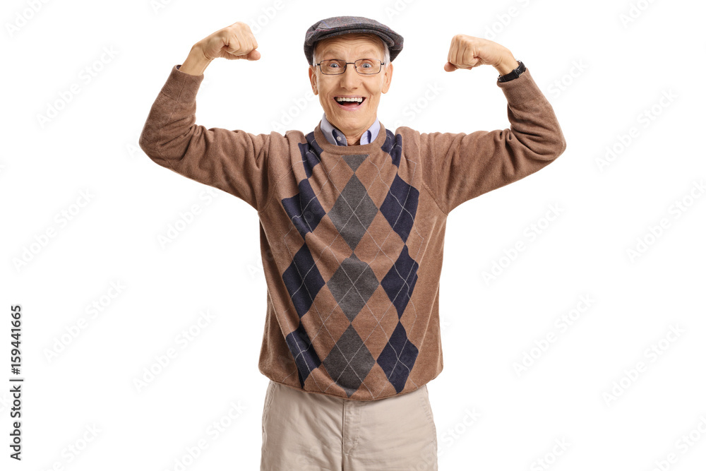 Cheerful senior flexing his muscles Cheerful senior flexing his muscles