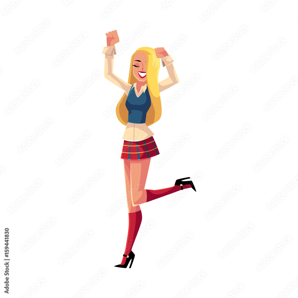Dancing woman, girl in 1990s style clothes, checkered mini skirt, long blond hair, cartoon vector illustration isolated on white background. Woman in 90s style clothing dancing at retro disco party
