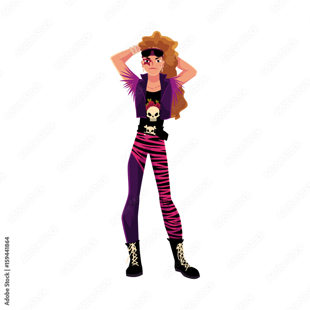 Young man dressed as glam rock star, wearing leggings, skull tshirt, vest and boots, cartoon vector illustration isolated on white background. Full length portrait of glam rock style young man Young man dressed as glam rock star, wearing leggings, skull tshirt, vest and boots, cartoon vector illustration isolated on white background. Full length portrait of glam rock style young man