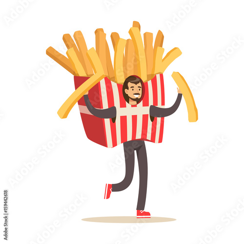 Man wearing french fries costume, fast food snack character vector Illustration photo