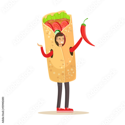 Man wearing doner kebab costume, fast food snack character vector Illustration