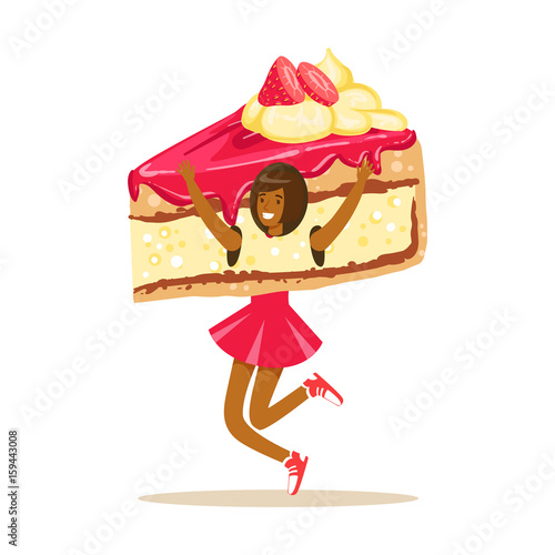 Smiling woman wearing cake costume, puppets food vector Illustration