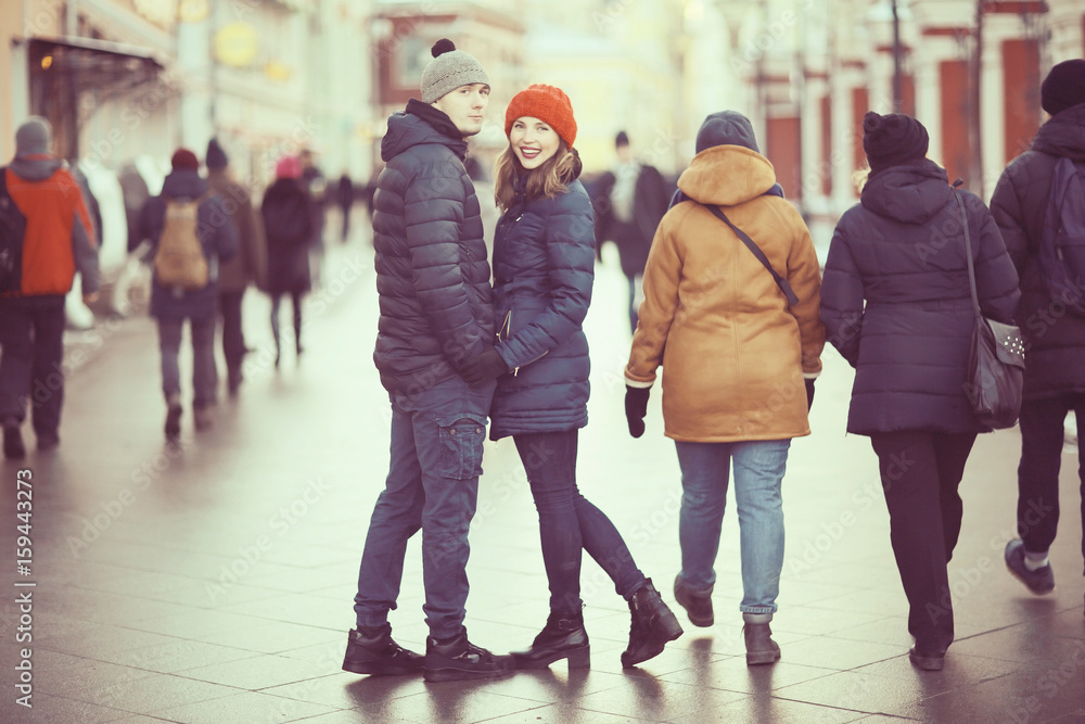 Obraz premium lovers hug photos in vintage hipster toning