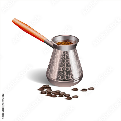 Realistic picture of a Cup of coffee, Turks and coffee beans isolated on white background.