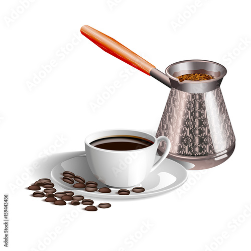 Realistic picture of a Cup of coffee, Turks and coffee beans isolated on white background.