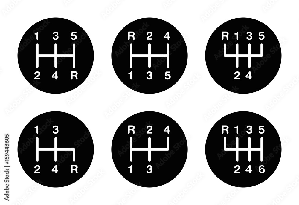 Vettoriale Stock Six different gear stick shift patterns. Positions for the  gear lever, also called gearshift or shifter. Five-speed and six-speed  patterns on a knob. Black and white illustration over white. Vector.