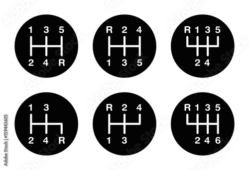 Six different gear stick shift patterns. Positions for the gear lever, also called gearshift or shifter. Five-speed and six-speed patterns on a knob. Black and white illustration over white. Vector. photo