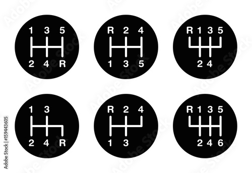 Six different gear stick shift patterns. Positions for the gear lever, also called gearshift or shifter. Five-speed and six-speed patterns on a knob. Black and white illustration over white. Vector.