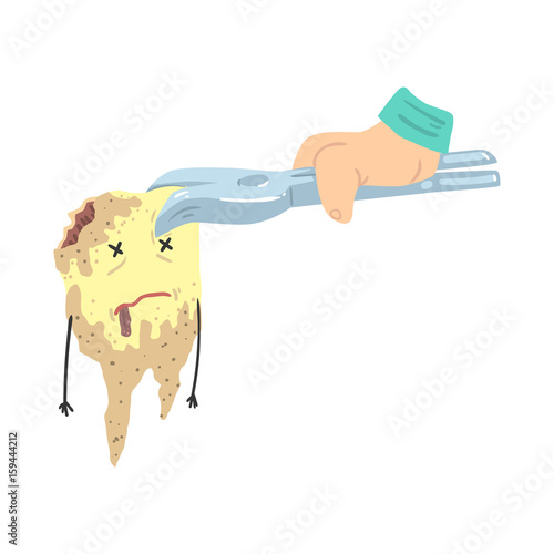 Funny extracted dead tooth character in a dental pliers cartoon vector Illustration