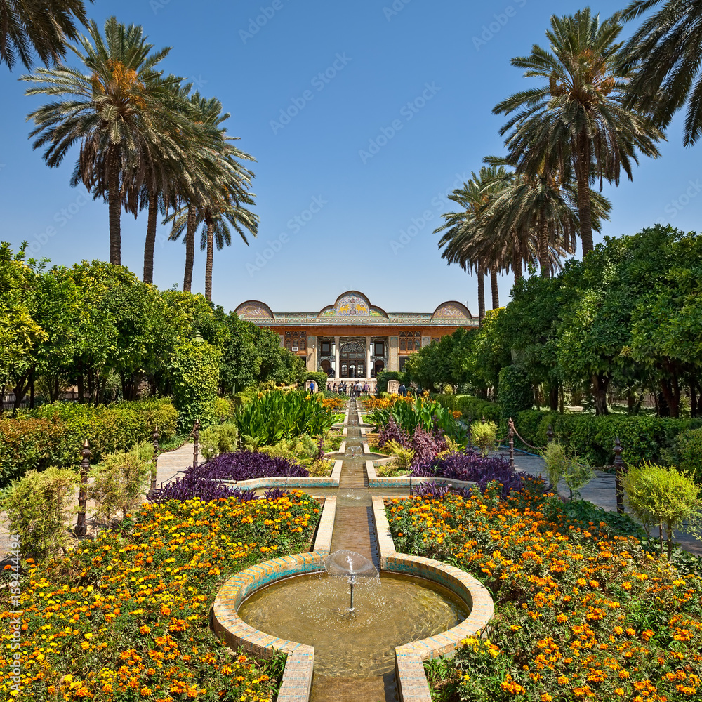 Narenjestane Qavam Garden in Shiraz with Persian Landscaping and Small Canals Leading to Pavilion