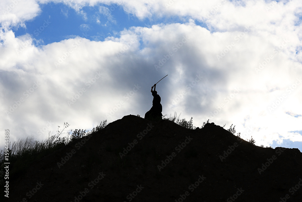 Fighter with a sword silhouette a sky ninja